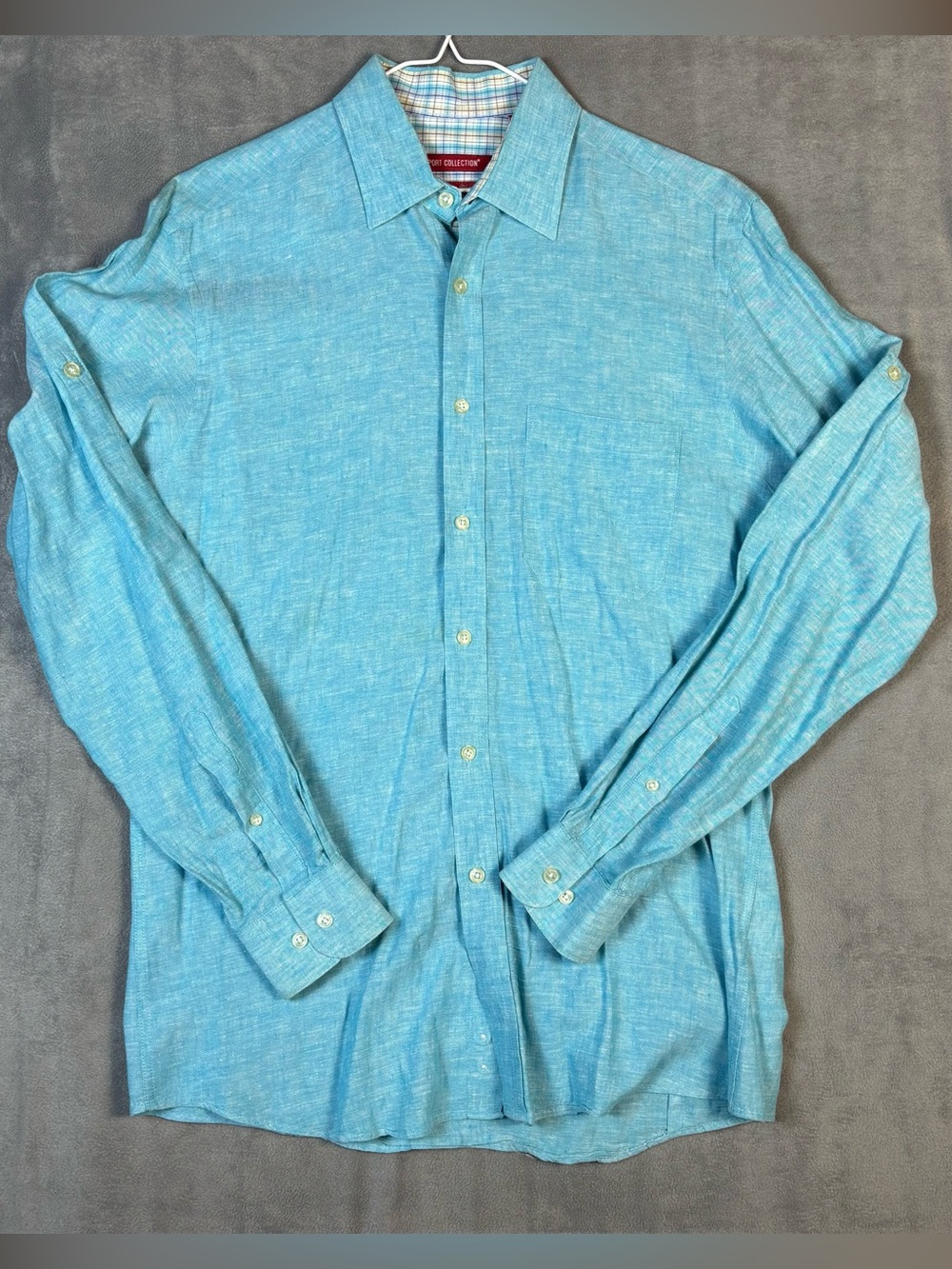 Report Collection Mens Linen Blend Button Front Shirt M Turquoise Roll Tab Blue